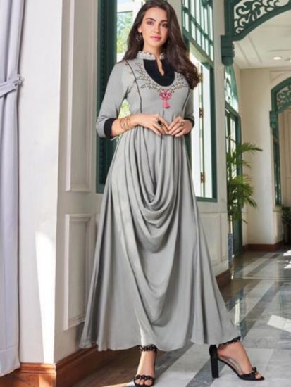 Latest Kurti Design in Grey Color Reyon Gold with Embroidery Work