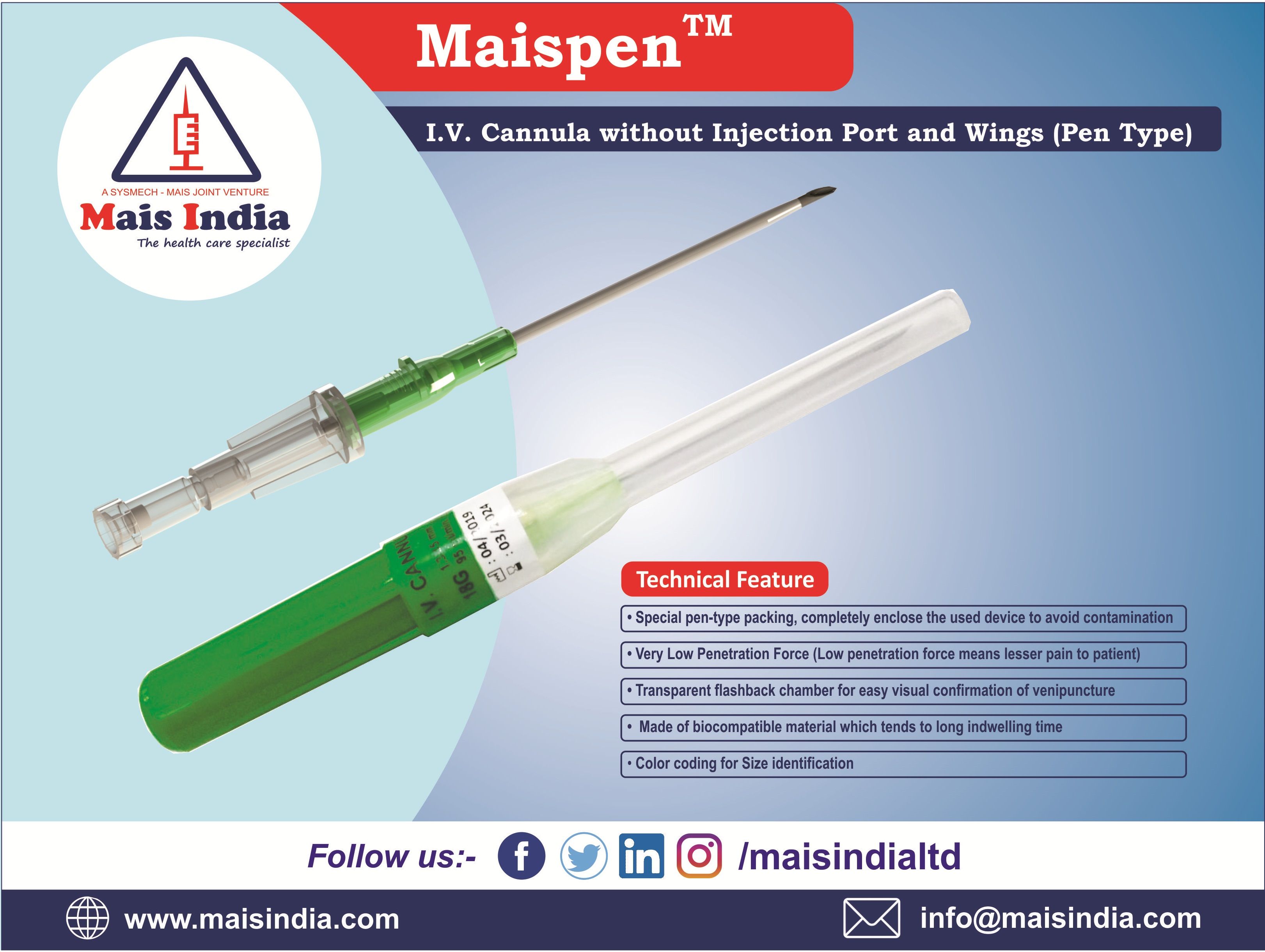 Get online IV cannula( Maispen) From Mais India online