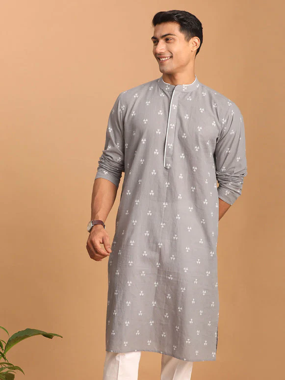  Vastramay Men's Grey Geometric Booti Jacquard Kurta – Stylish and Comfortable