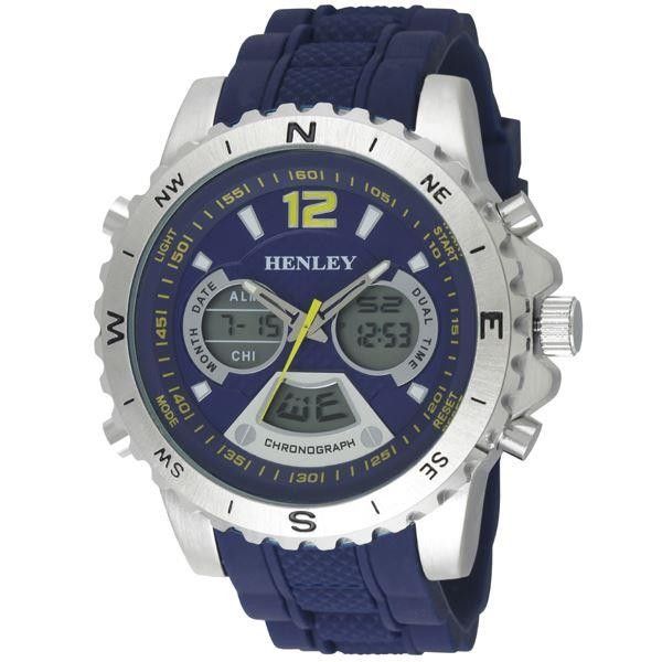 Henley Gents Chronograph watch with date and dual time Blue Silicon strap HDG028.6