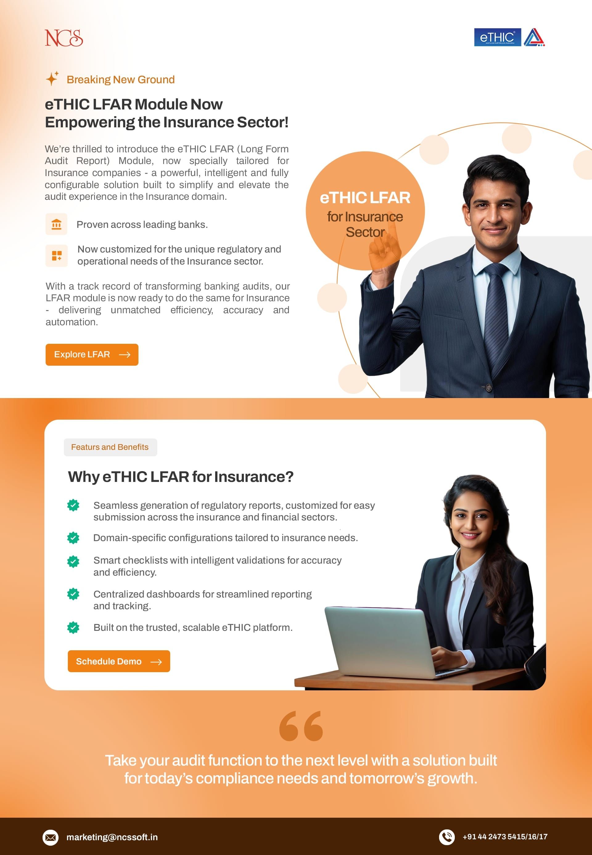 From Banks to Insurers: eTHIC LFAR Redefines Audit Excellence We’re thrilled to introduce the eTHIC LFAR Module, now designed exclusively for the Insurance sector.  Built on India’s most trusted audit platform and enhanced with powerful and domain-specifi